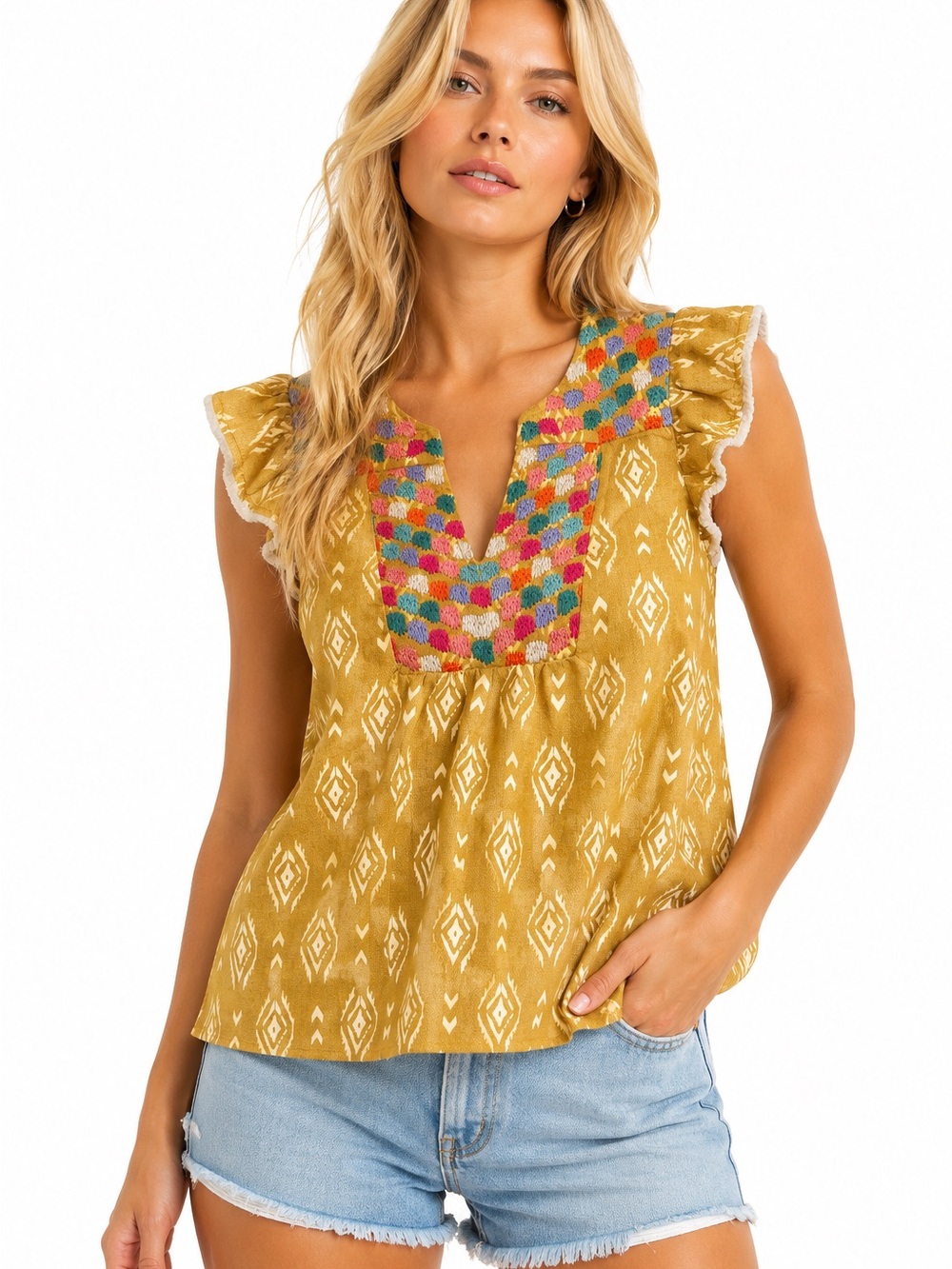 THML Size XS Mustard Embroidered Split-Neck Flutter Sleeve Top